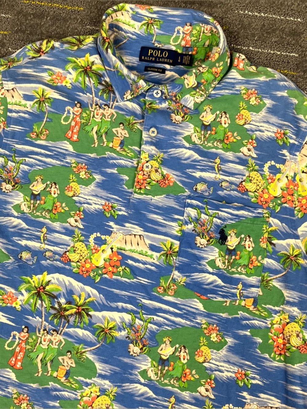 Polo Ralph Lauren Polo Shirt Mens Large Blue Hawaiian Beach Preppy Aloha Casual